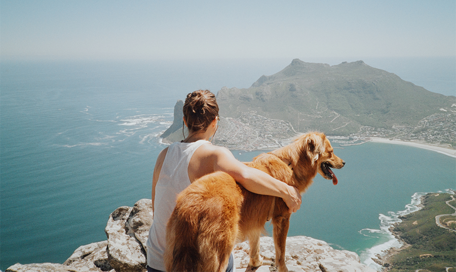 Woman and her dog on a mountain