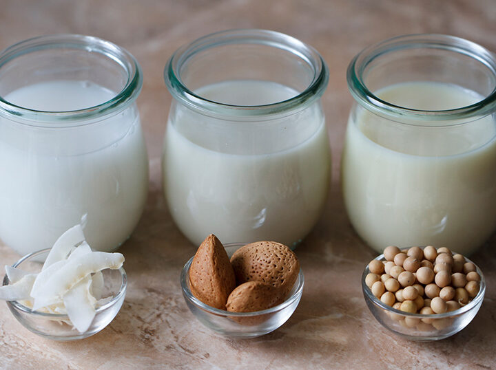 Various types of vegan milk in jars (coconut milk,almond milk,soya milk)