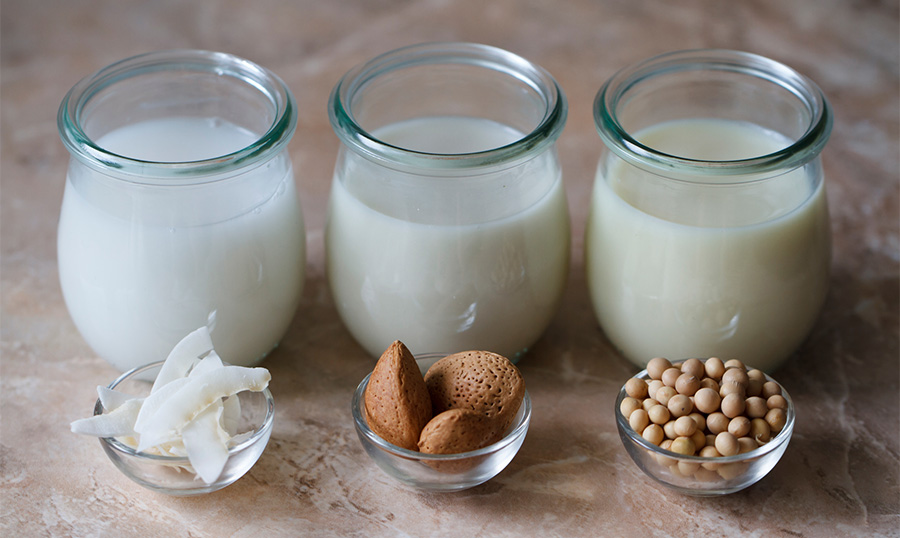 Various types of vegan milk in jars (coconut milk,almond milk,soya milk)