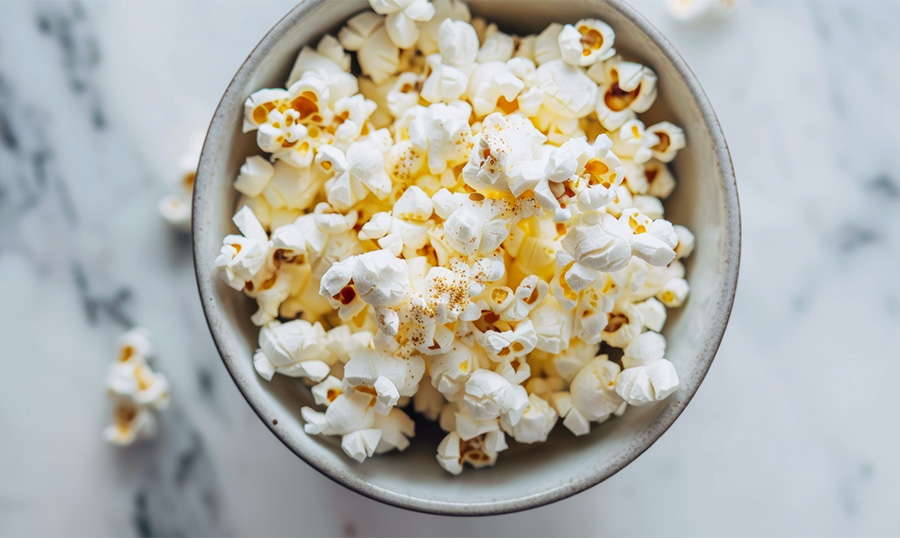 A small bowl of airpopped popcorn drizzled with avocado oil and sprinkled with nutritional yeast for a guiltfree and nutrient dense snack